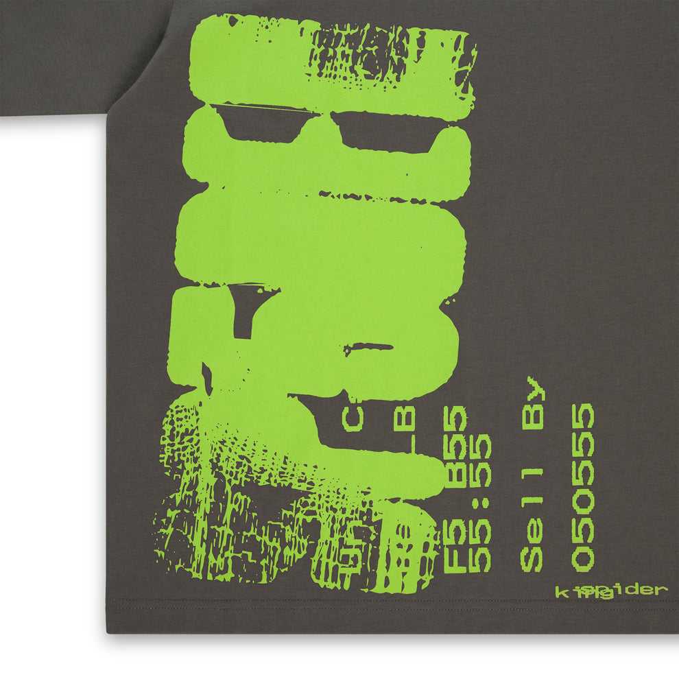 Standard fit dark gray cotton tee with a vibrant, distressed neon green graphic print on the front.