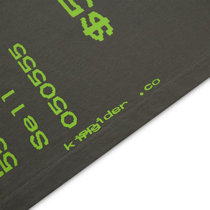 Dark gray cotton tee with bright green pixelated "Sell" text and dollar signs.