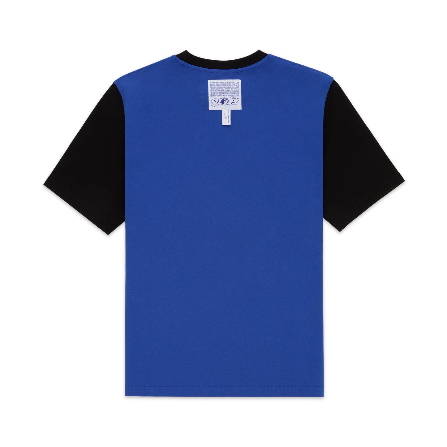 Engineer Tee: Blue 100% cotton lightweight tee with black contrast sleeves and back neck graphic print.