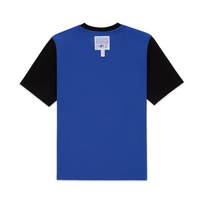 Engineer Tee: Blue 100% cotton lightweight tee with black contrast sleeves and back neck graphic print.