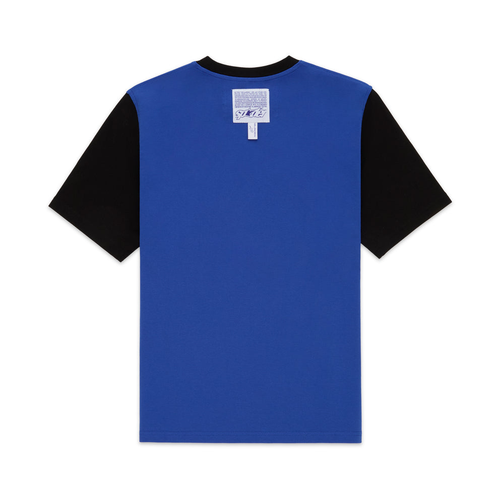 Engineer Tee: Blue 100% cotton lightweight tee with black contrast sleeves and back neck graphic print.