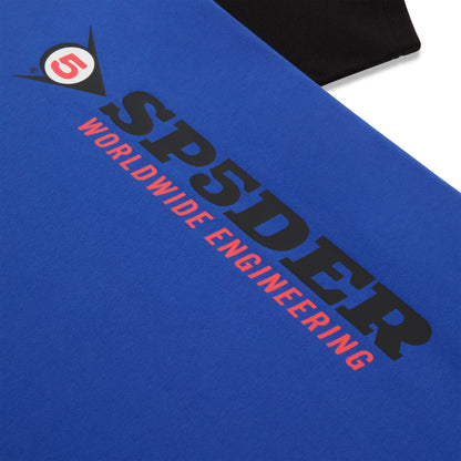 Blue cotton tee with black contrast sleeve, "SP5DER WORLDWIDE ENGINEERING" graphic.
