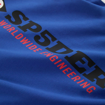 Blue cotton ENGINEER TEE with black "SP5DER" and red "WORLDWIDE ENGINEERING" graphic print.