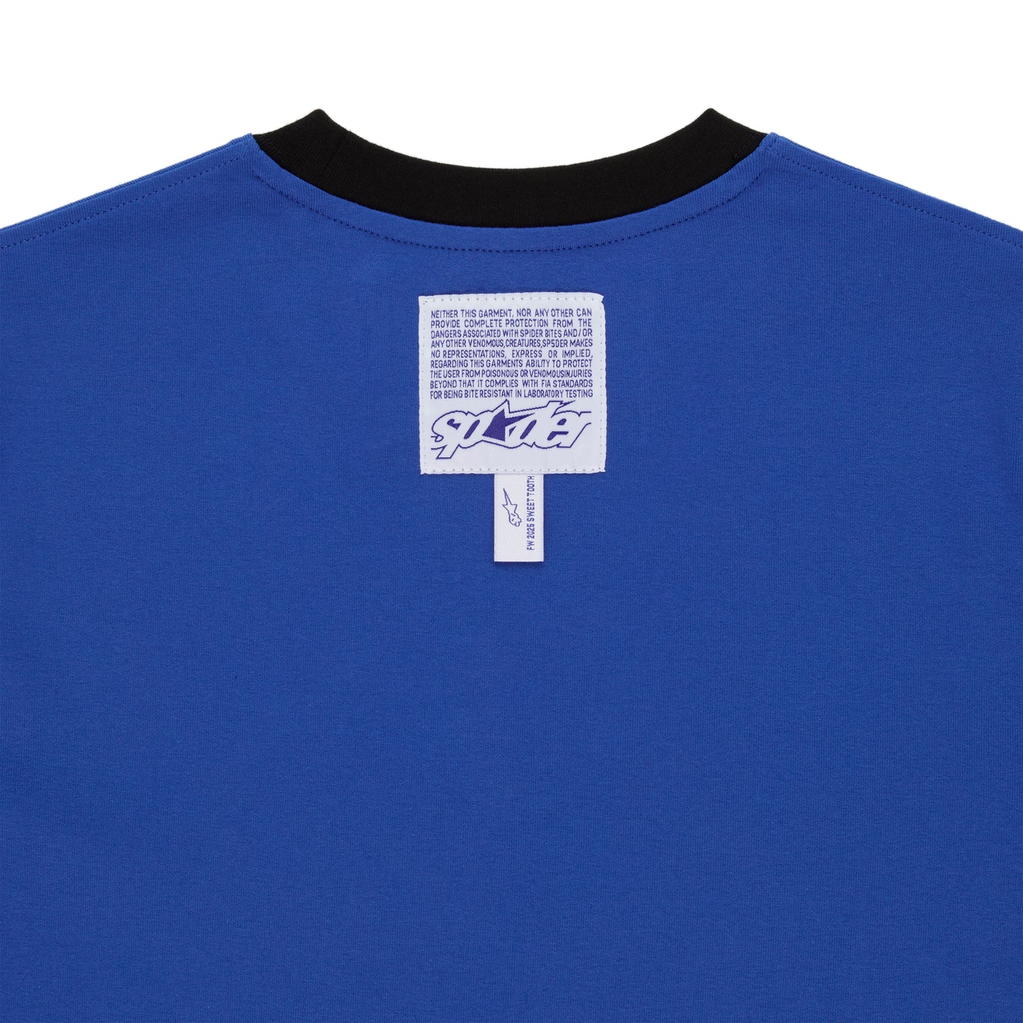 Back of blue cotton ENGINEER TEE with black contrast neck, woven logo label, and graphic print.