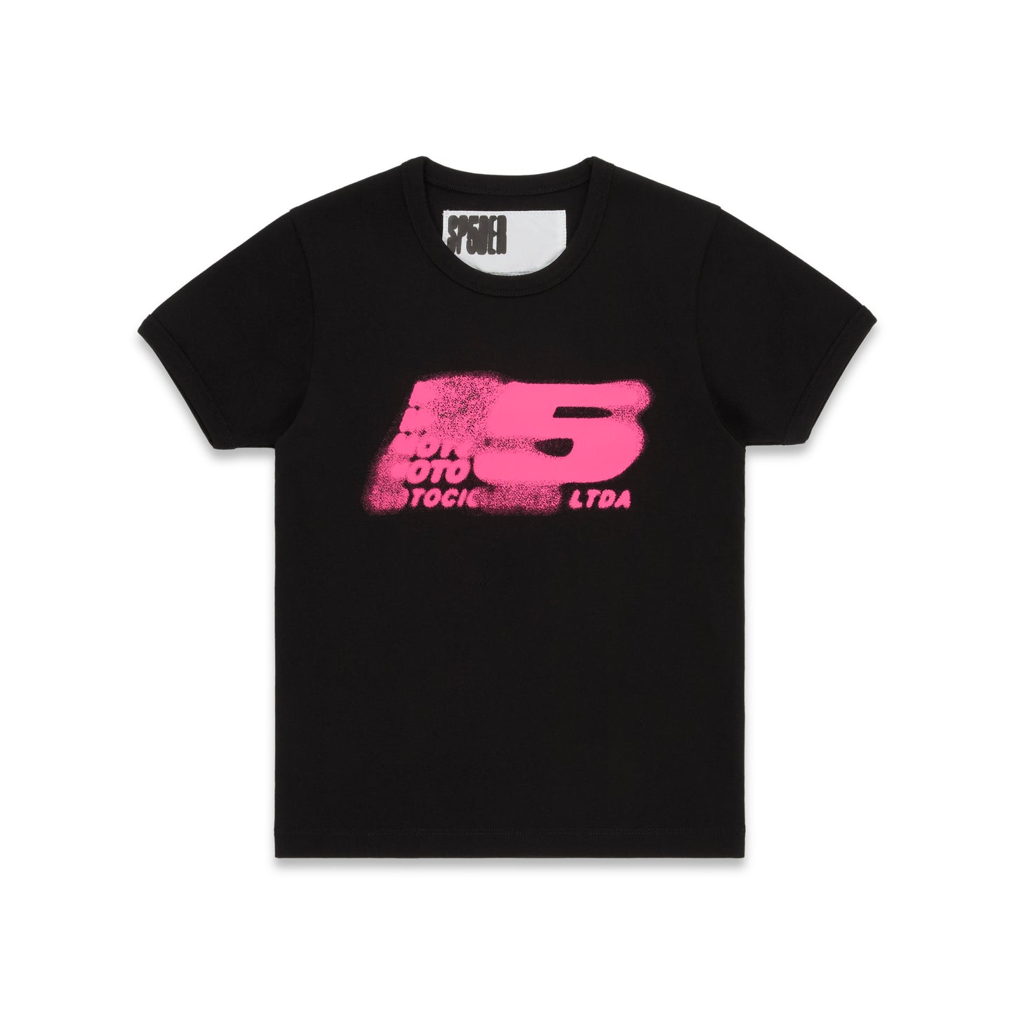 Black cotton/spandex cropped baby tee with a vibrant pink 'MOTO 5' graphic print on the front.
