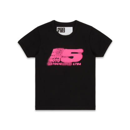 Black cotton/spandex cropped baby tee with a vibrant pink 'MOTO 5' graphic print on the front.