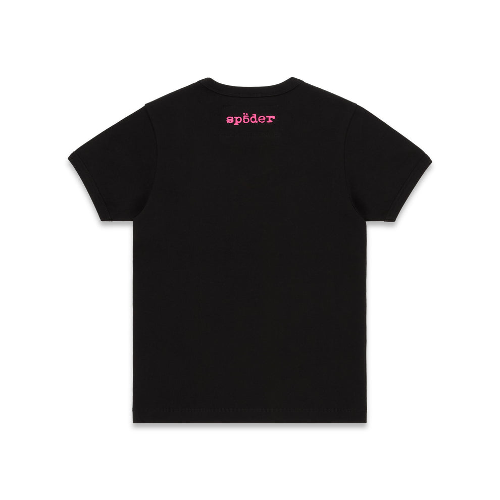 Black cotton/spandex cropped baby tee with pink 'SP5DER' logo on back neck.