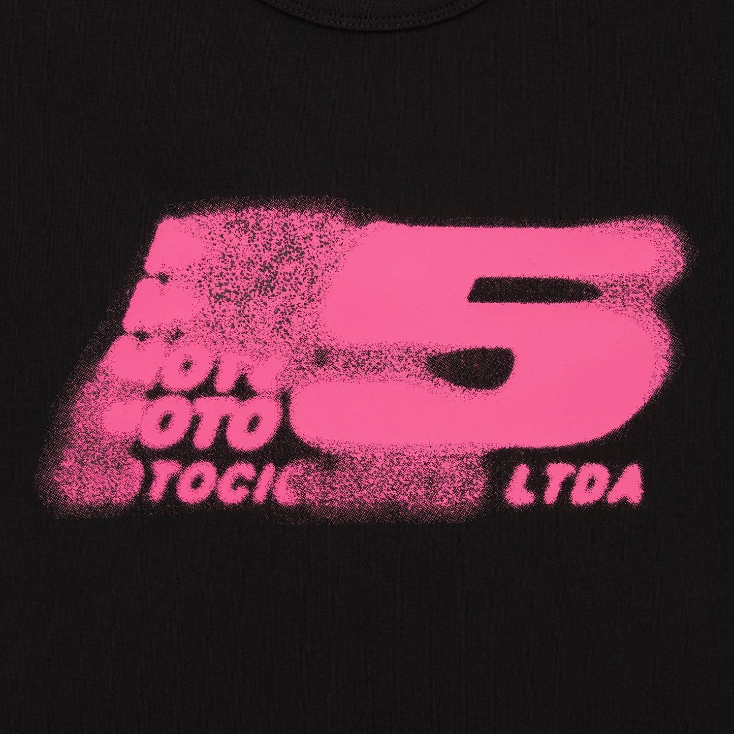 Black cotton/spandex cropped baby tee with a distressed pink "MOTO 5" graphic print.