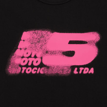 Black cotton/spandex cropped baby tee with a distressed pink "MOTO 5" graphic print.