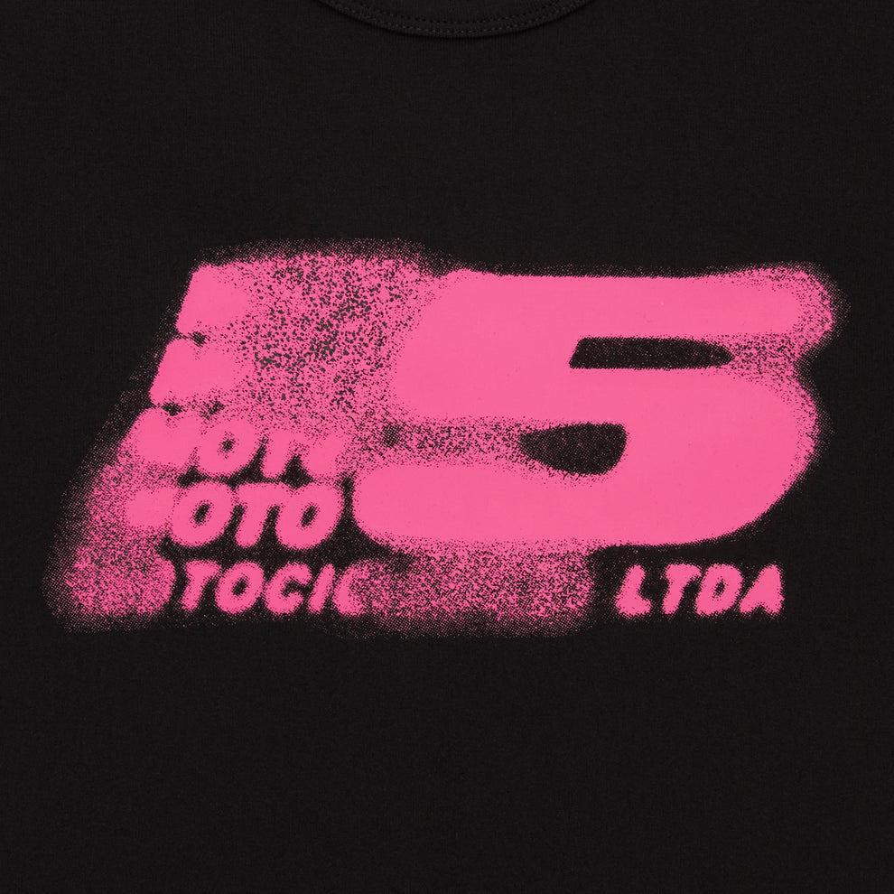 Black cotton/spandex cropped baby tee with a distressed pink "MOTO 5" graphic print.