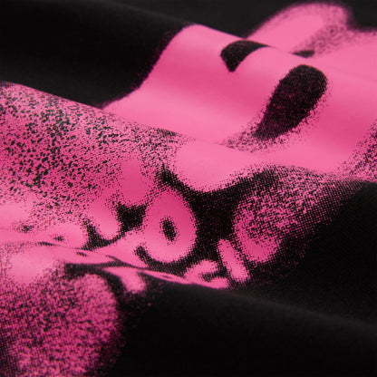 Black cotton/spandex cropped baby tee with a vibrant pink distressed graphic print.