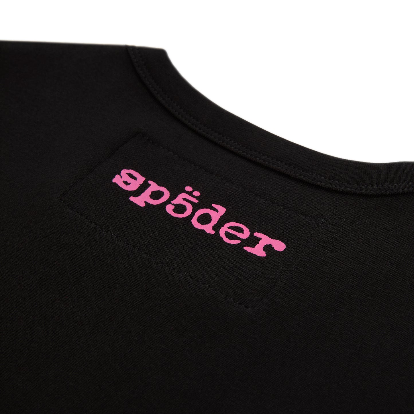 Black cotton/spandex cropped baby tee with pink 'sp5der' logo on back neck.