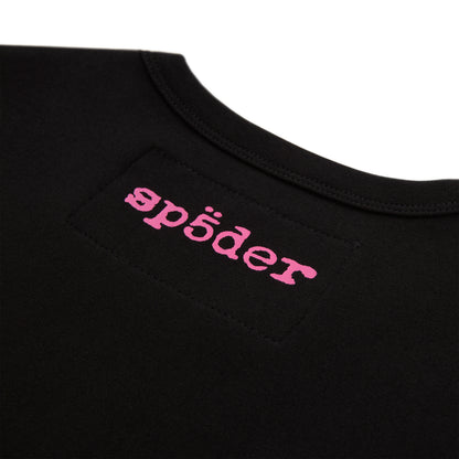 Black cotton/spandex cropped baby tee with pink 'sp5der' logo on back neck.