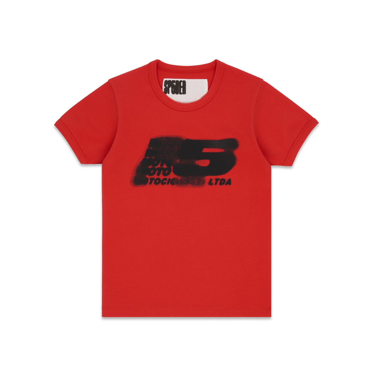 Red cropped cotton/spandex baby tee with black 'MOTO 5' graphic print on front.