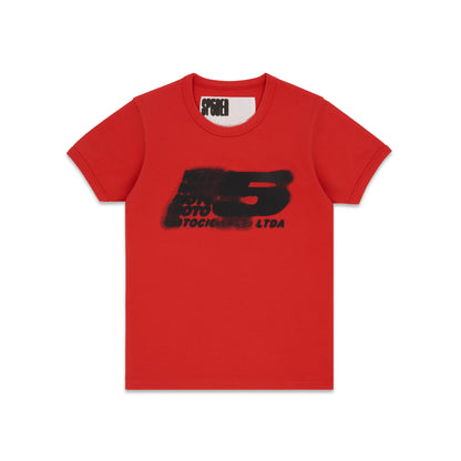 Red cropped cotton/spandex baby tee with black 'MOTO 5' graphic print on front.