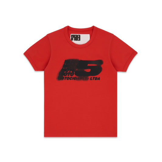 Red cropped cotton/spandex baby tee with black 'MOTO 5' graphic print on front.