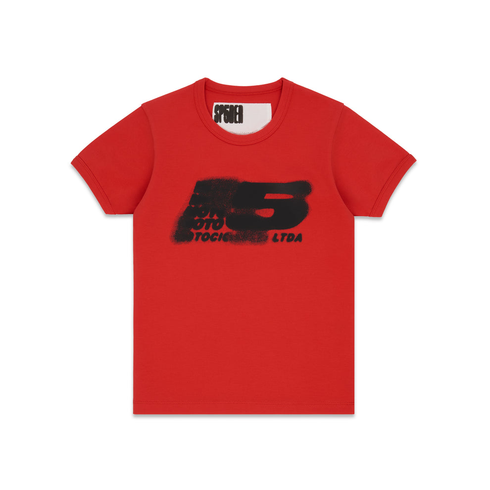 Red cropped cotton/spandex baby tee with black 'MOTO 5' graphic print on front.