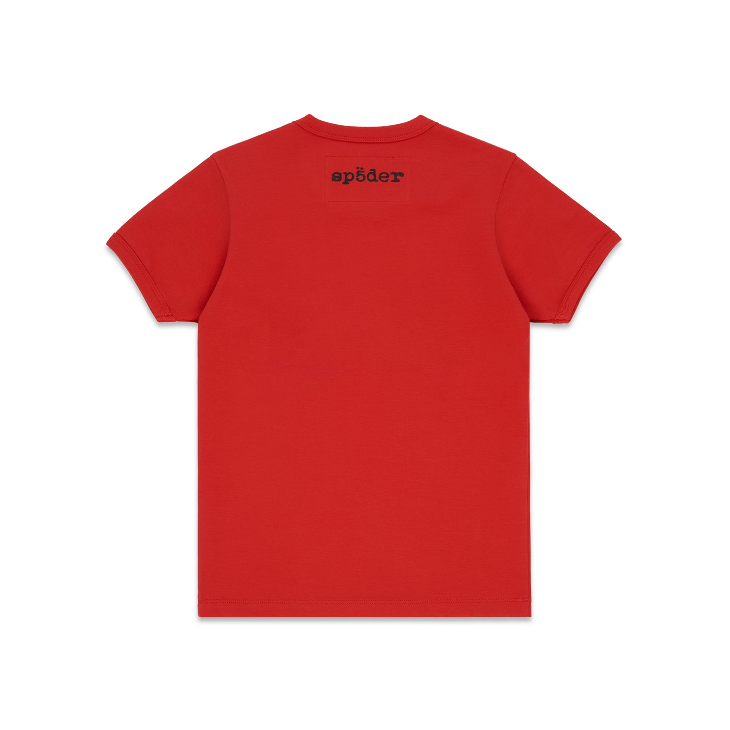 Red cotton/spandex cropped baby tee with black 'SP5DER' logo on back neck.