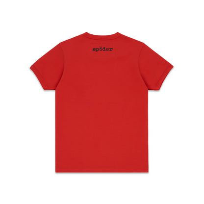 Red cotton/spandex cropped baby tee with black 'SP5DER' logo on back neck.