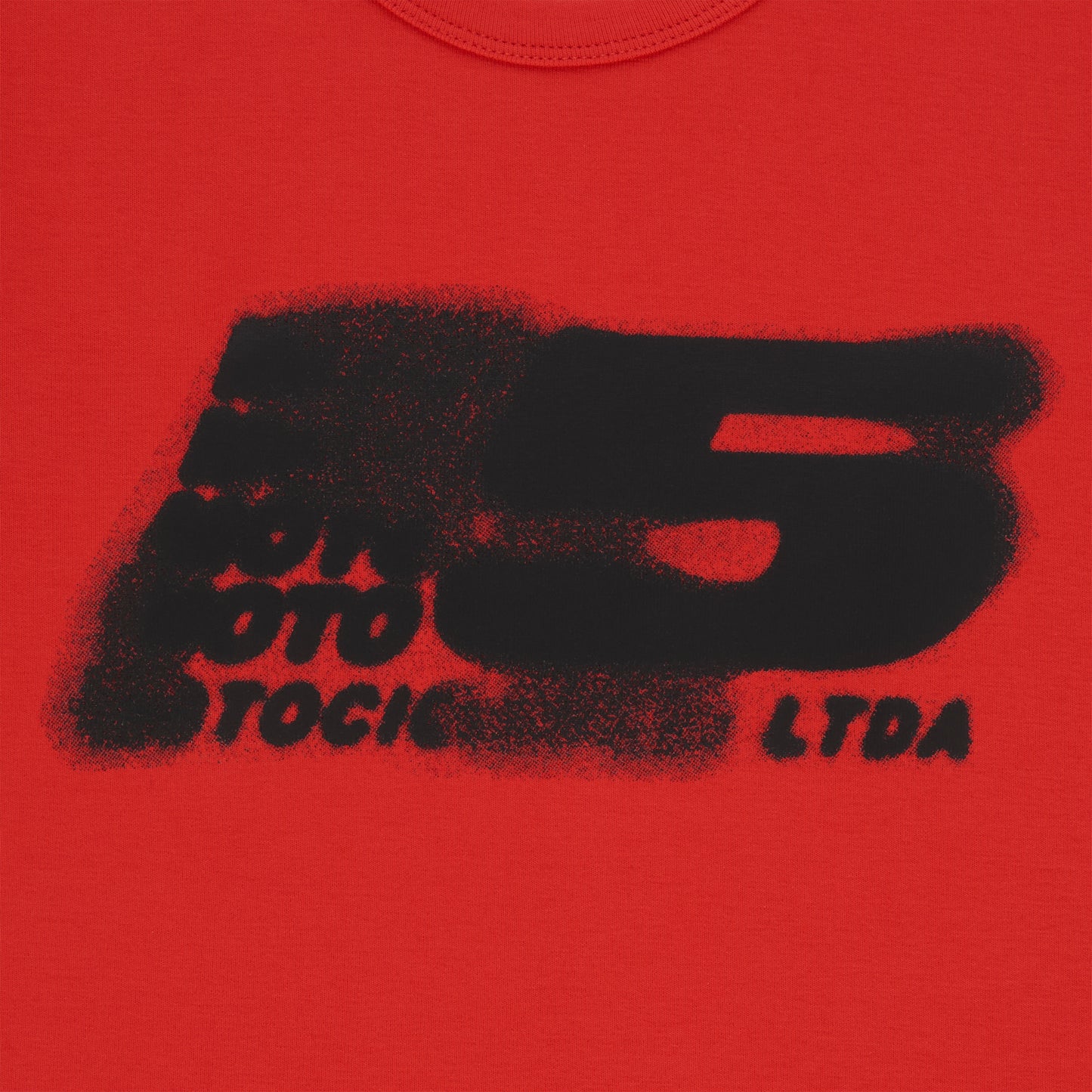 Red cotton/spandex cropped baby tee with distressed black "MOTO 5" graphic print.