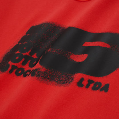 Red cotton/spandex cropped baby tee with a black distressed "MOTO 5" graphic print.