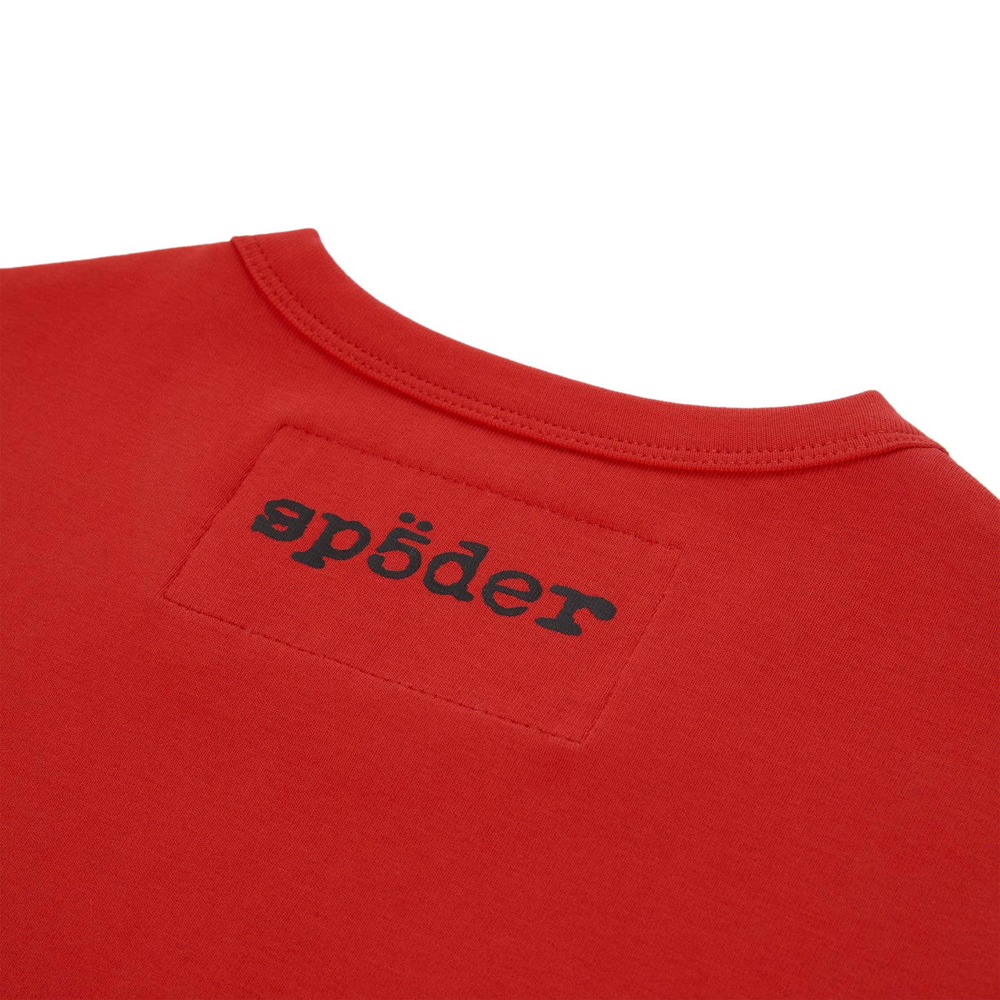 Red cotton/spandex cropped tee with black 'sp5der' logo on the back neck.