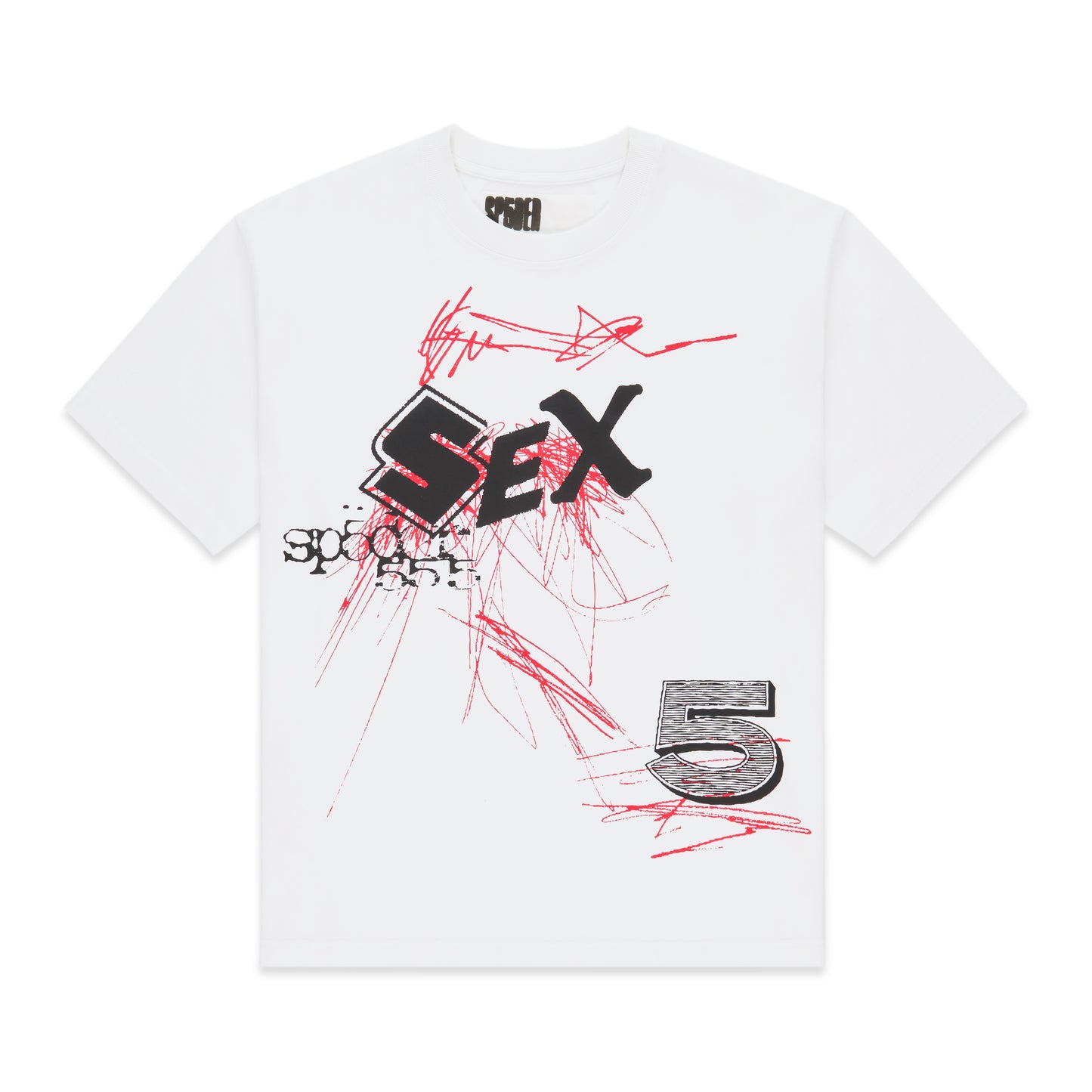 White cotton Vivienne Tee with black "SEX" graphic, red scribbles, and "5" design.