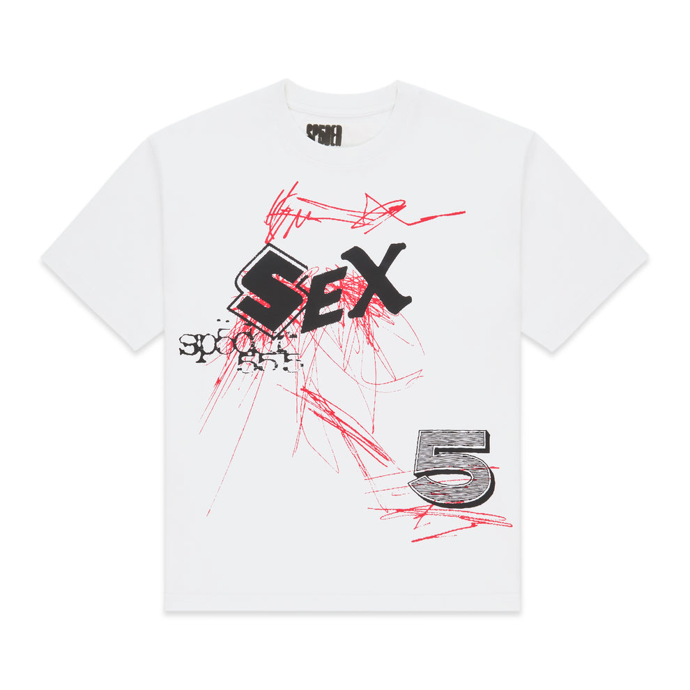 White cotton Vivienne Tee with black "SEX" graphic, red scribbles, and "5" design.