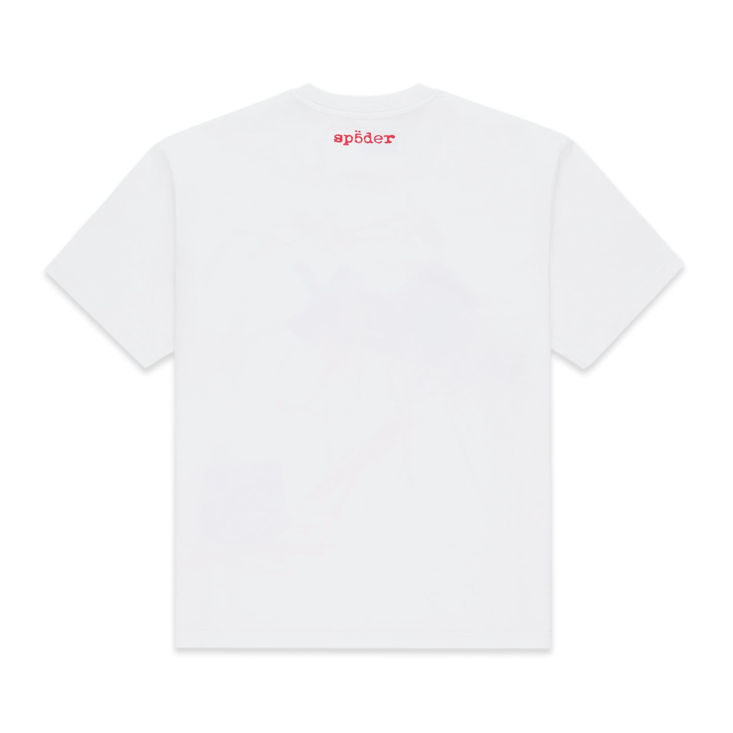 Back of a white cotton Vivienne tee with a small red 'SP5DER' logo on the back neck.