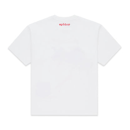 Back of a white cotton Vivienne tee with a small red 'SP5DER' logo on the back neck.