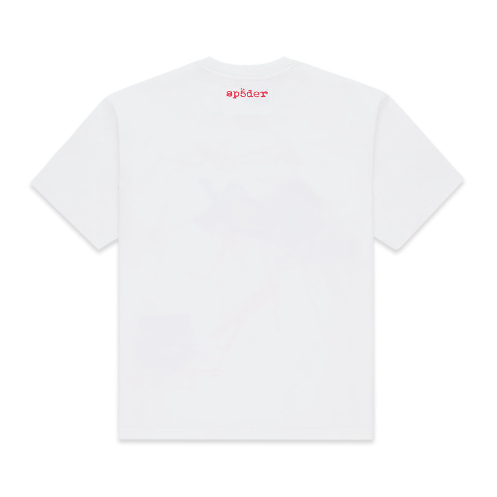 Back of a white cotton Vivienne tee with a small red 'SP5DER' logo on the back neck.