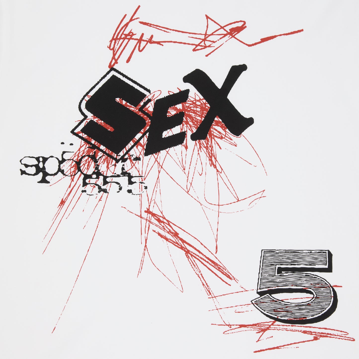 White cotton Vivienne Tee with black "SEX" graphic, red scribbles, and "SP5DER" text.