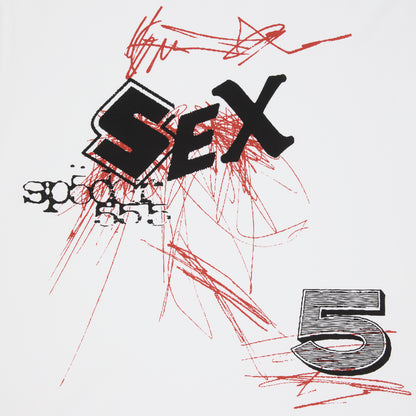 White cotton Vivienne Tee with black "SEX" graphic, red scribbles, and "SP5DER" text.
