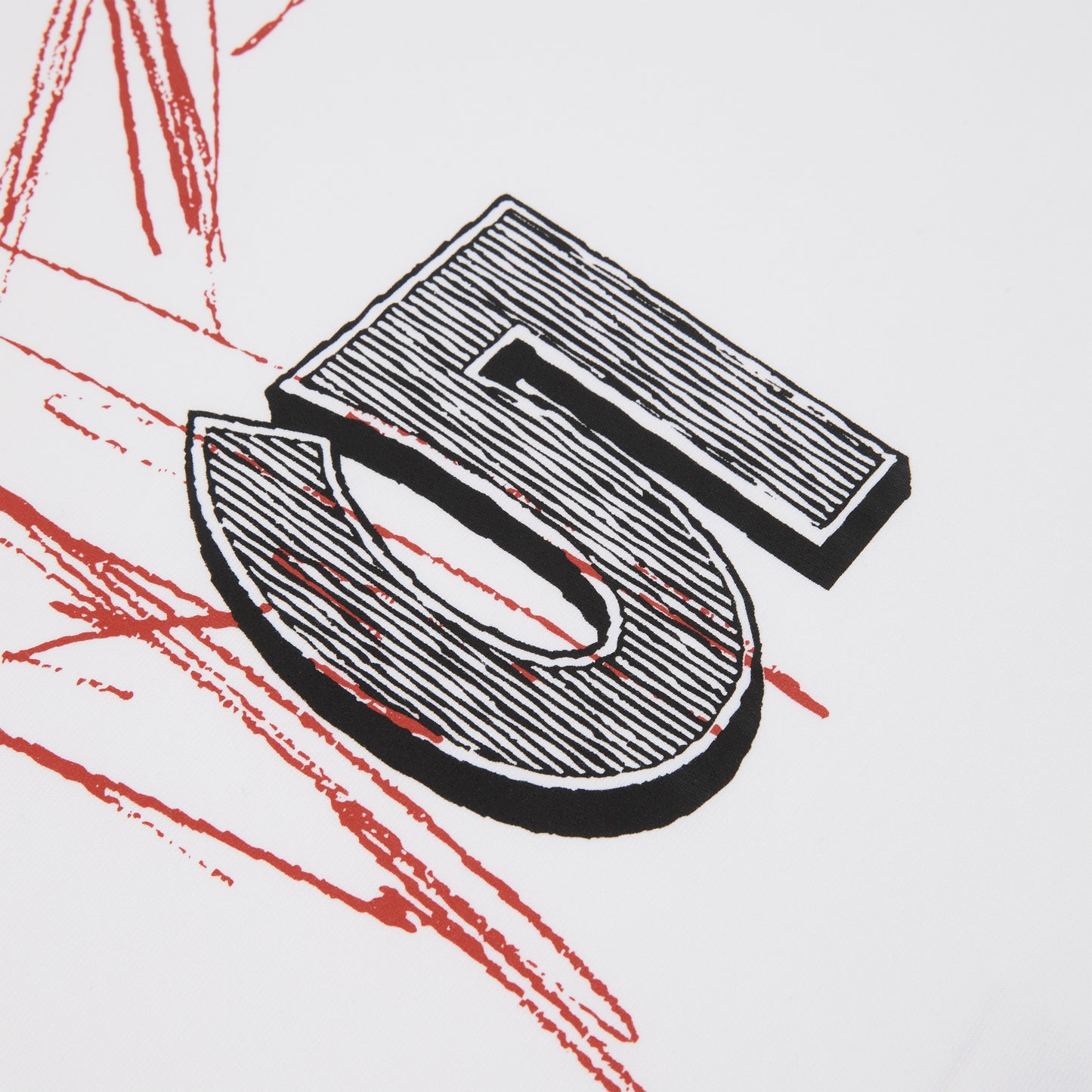 White cotton Vivienne Tee with black striped "5" graphic and red brushstroke print.