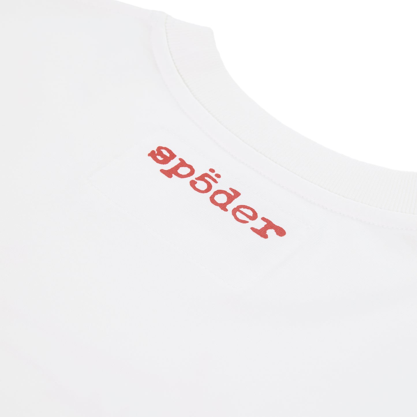 White cotton Vivienne Tee with red 'sp5der' graphic print on the front.