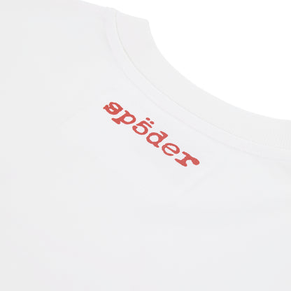 White cotton Vivienne Tee with red 'sp5der' graphic print on the front.