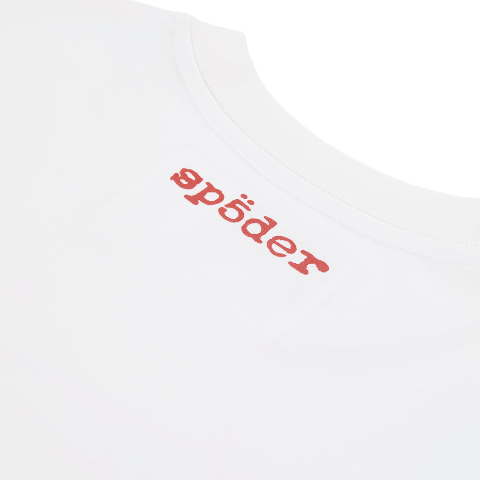 White cotton Vivienne Tee with red 'sp5der' graphic print on the front.
