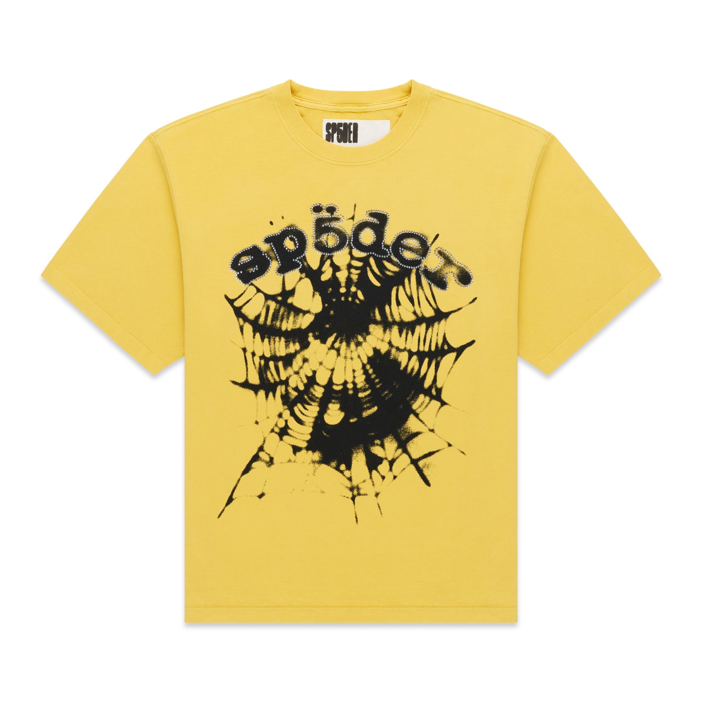 Yellow OG WEB V2 TEE with black spiderweb graphic and "sp5der" text.