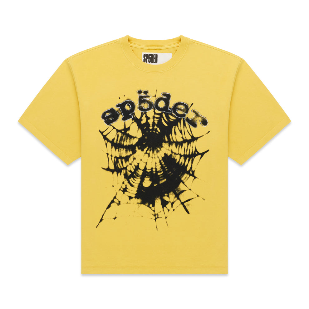 Yellow OG WEB V2 TEE with black spiderweb graphic and "sp5der" text.