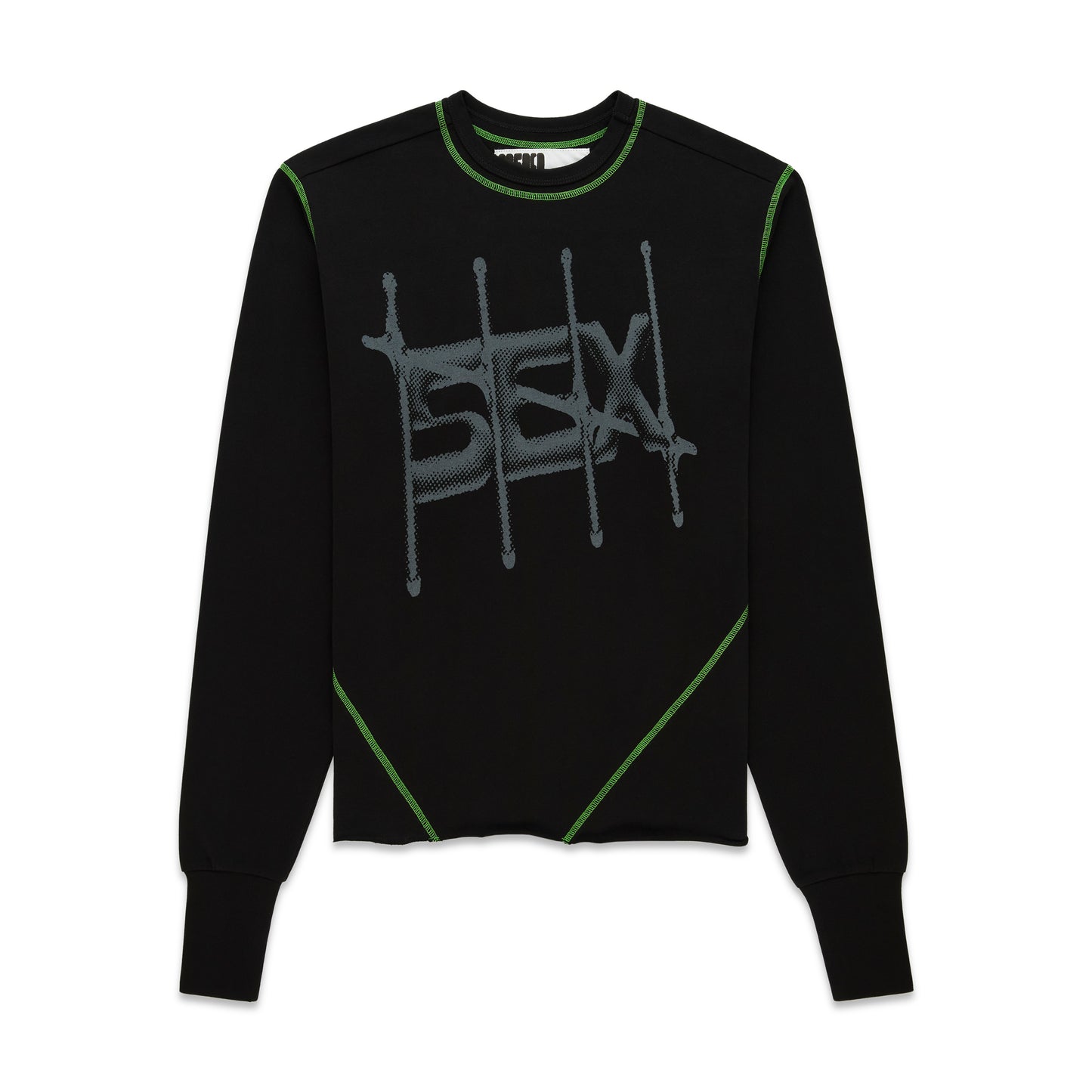 Black cotton long sleeve tee with "SEX" graphic, green contrast stitching, ribbed collar and cuffs.