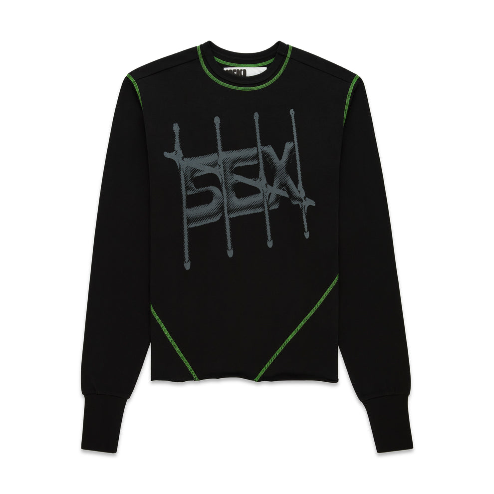 Black cotton long sleeve tee with "SEX" graphic, green contrast stitching, ribbed collar and cuffs.
