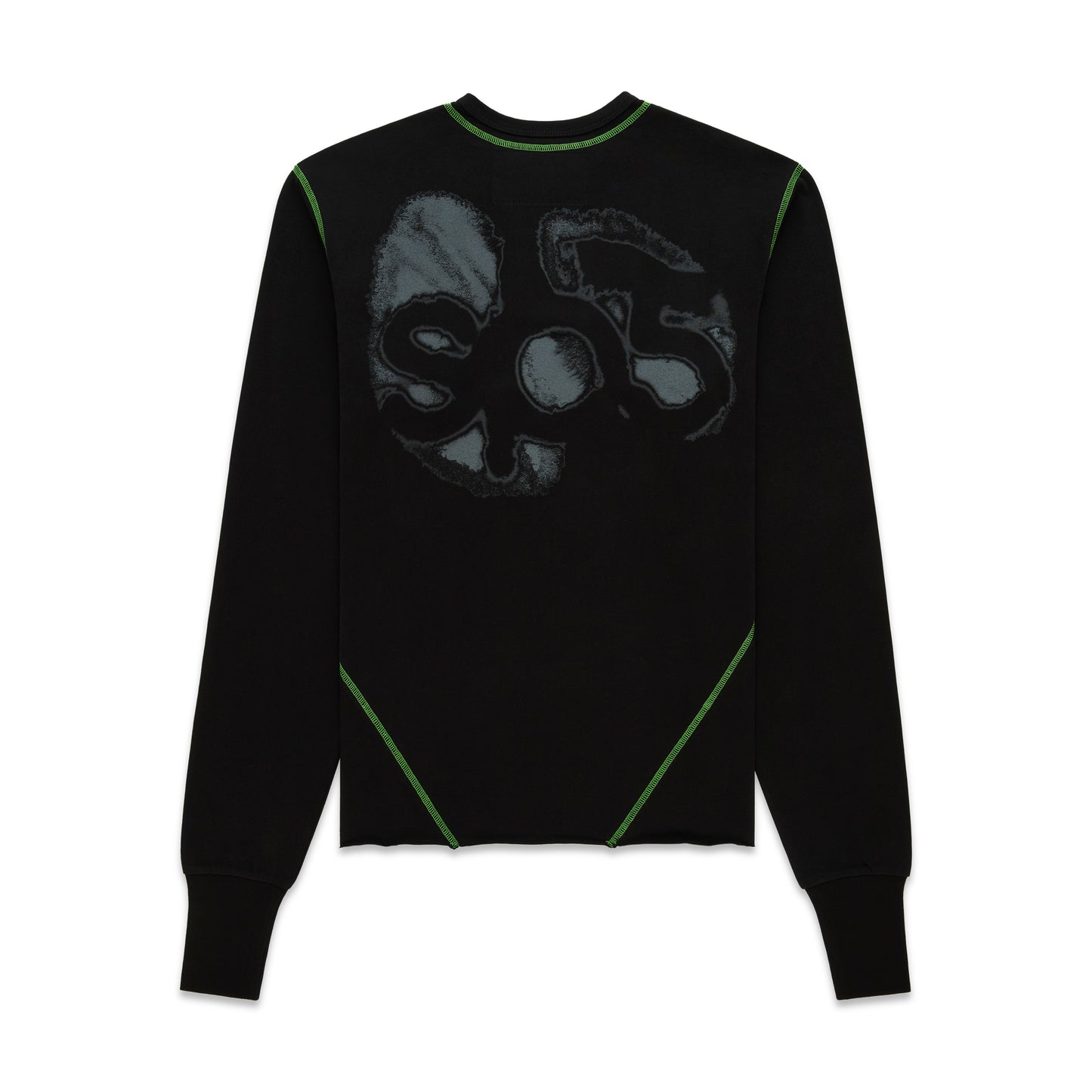 Black cotton long sleeve tee with a gray graphic print and contrast green stitching.