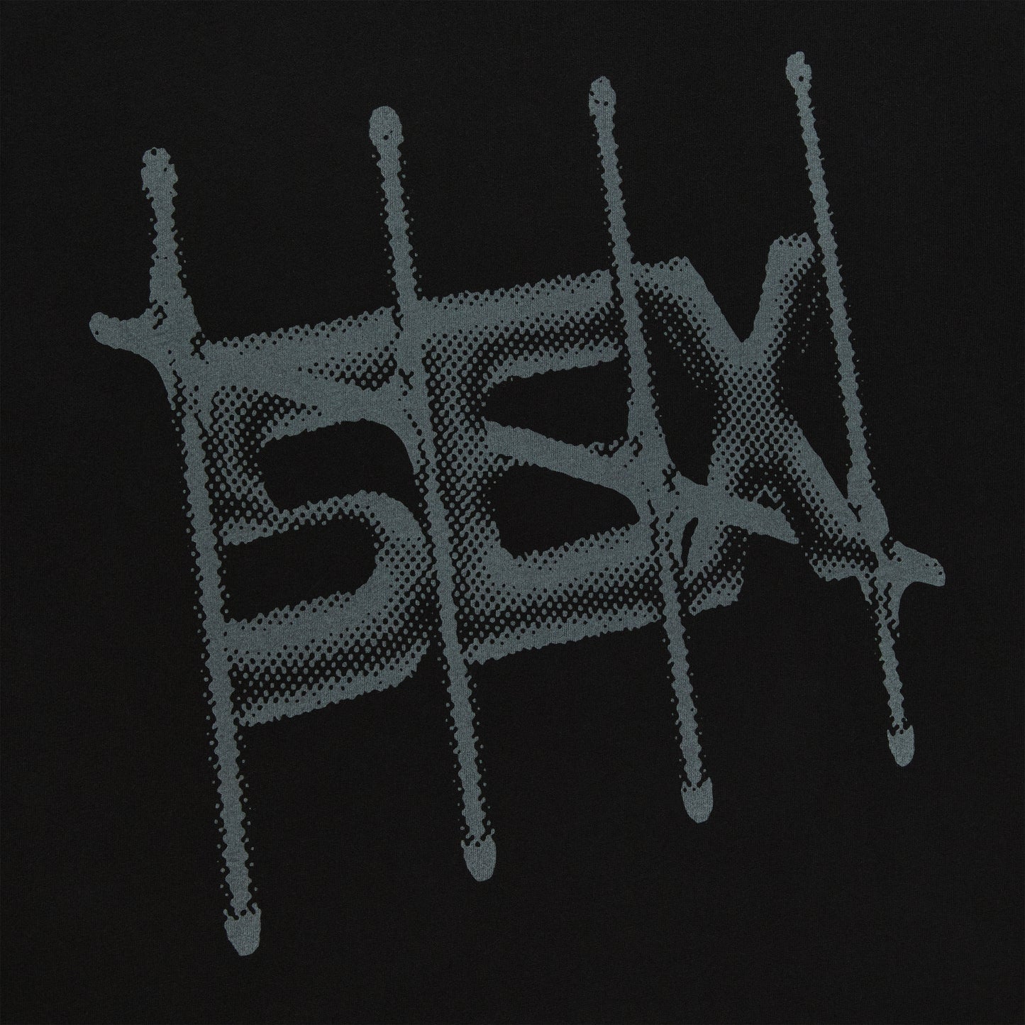 Black cotton long sleeve tee with a distressed, halftone "SEX" graphic print.