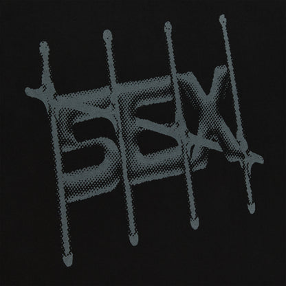 Black cotton long sleeve tee with a distressed, halftone "SEX" graphic print.