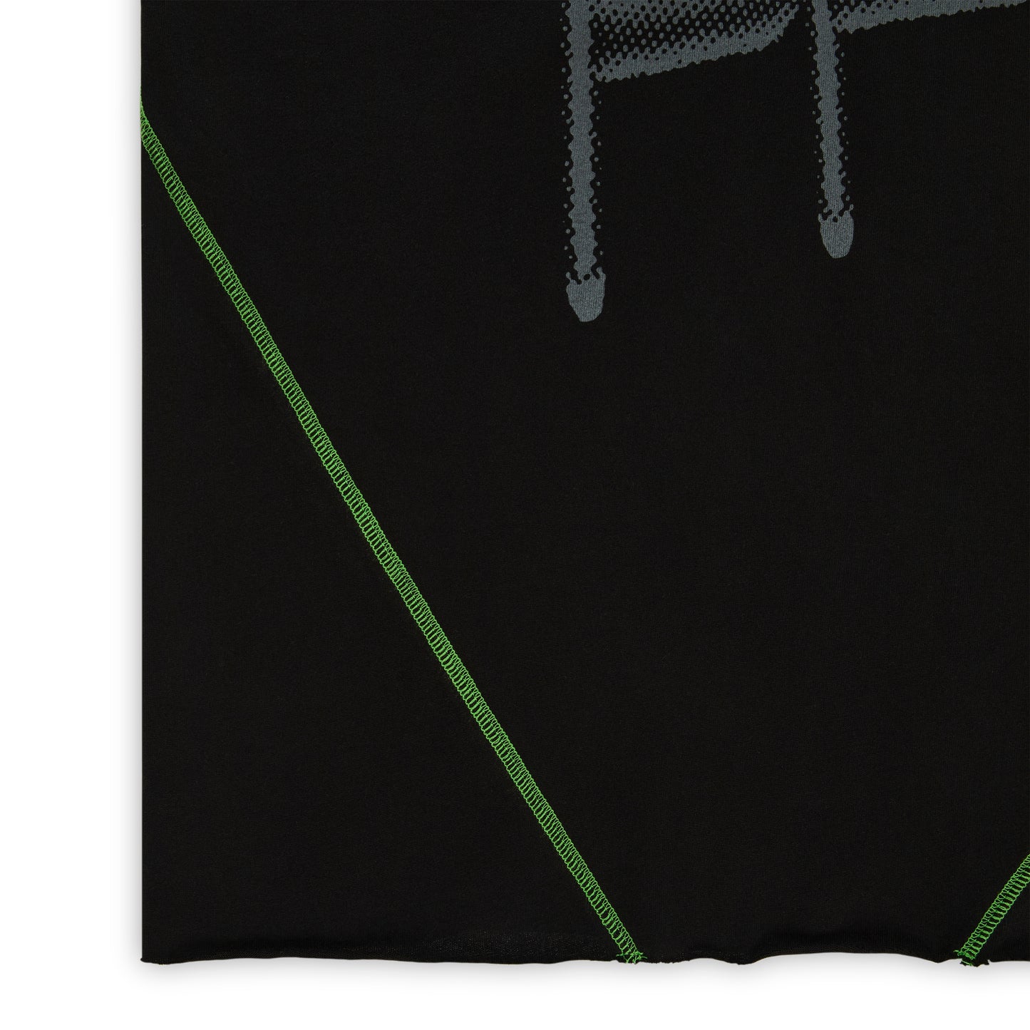 Black cotton long sleeve tee with green contrast stitching and a grey graphic print.