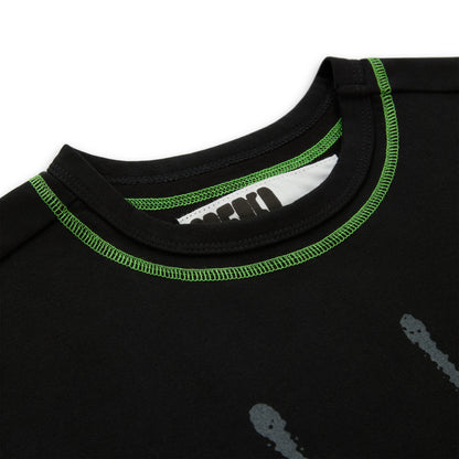 Black cotton long sleeve tee with neon green contrast stitching and a graphic print.