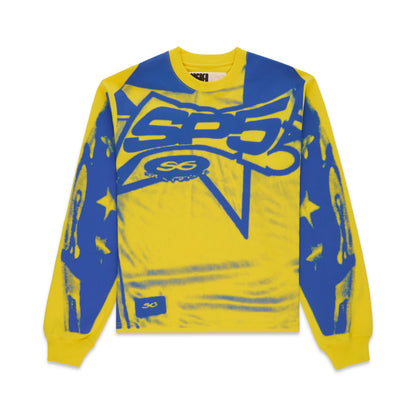 Yellow cotton long sleeve tee with blue "SP5" graphic print on front and sleeves.