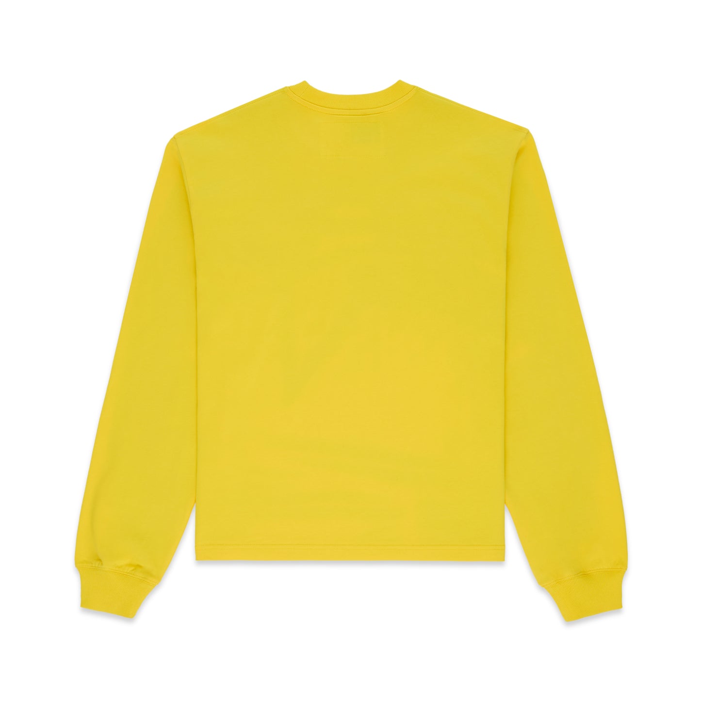Solid yellow 100% cotton long sleeve tee with ribbed collar and cuffs, standard fit.