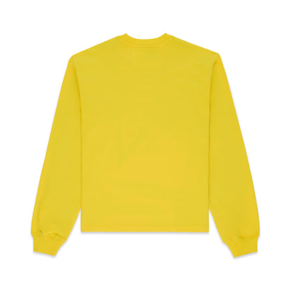 Solid yellow 100% cotton long sleeve tee with ribbed collar and cuffs, standard fit.