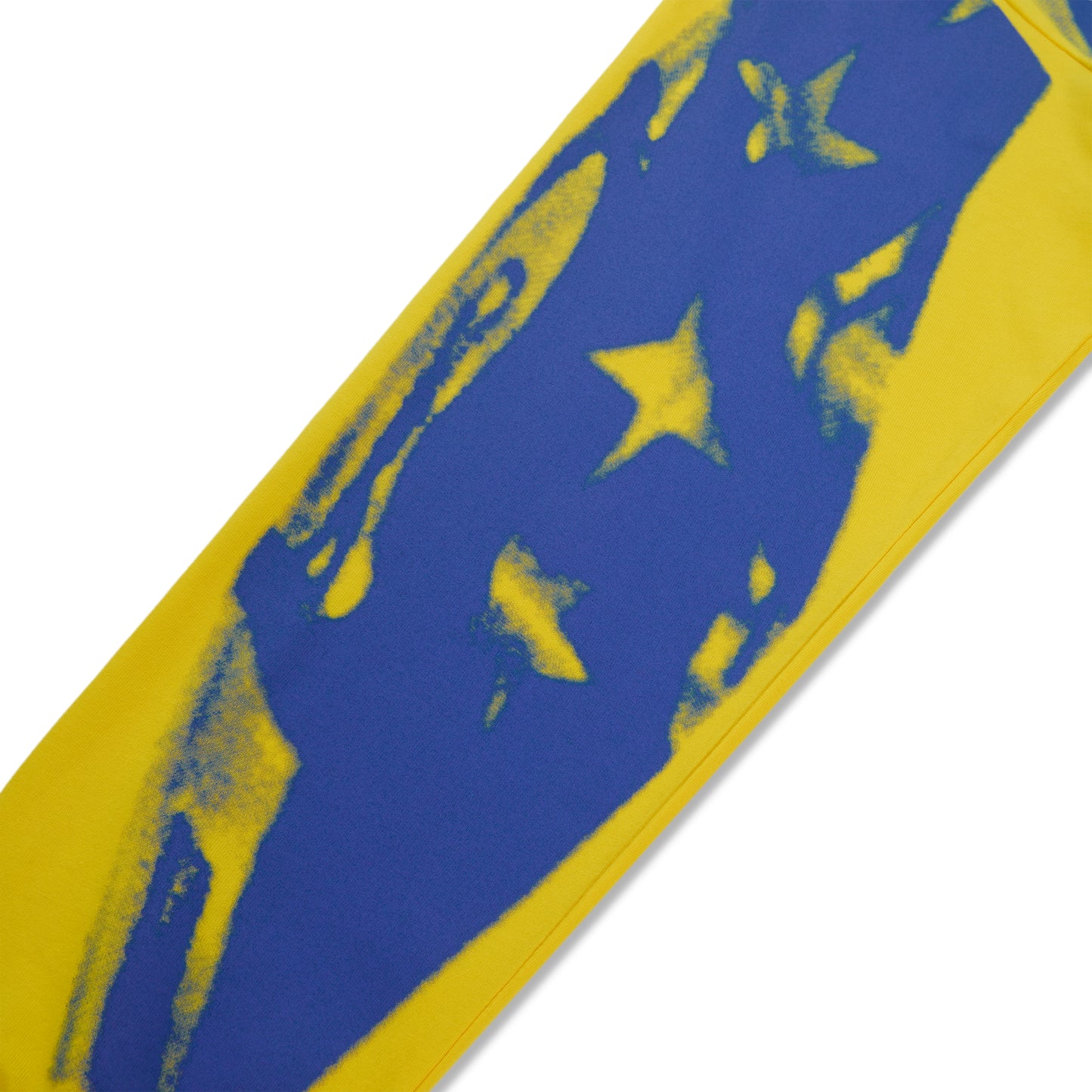 Yellow cotton long sleeve tee with a blue graphic print design featuring stars.